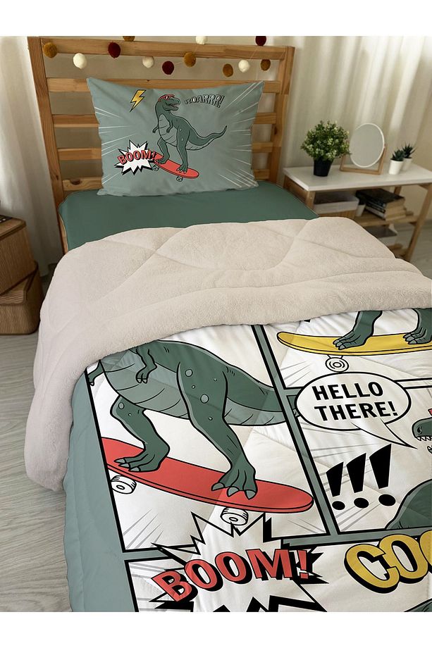 Dinozor Desenli Tek Kişilik 160x220 Cm Wellsoft Çift Taraflı Silikon Yorgan Ve Uyku Seti - 2