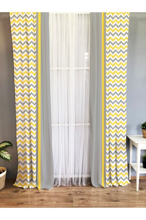Baskılı Zikzak Desenli Tek Kanat Kadife Doku Fon Perde - Gri Ve Sarı - 1