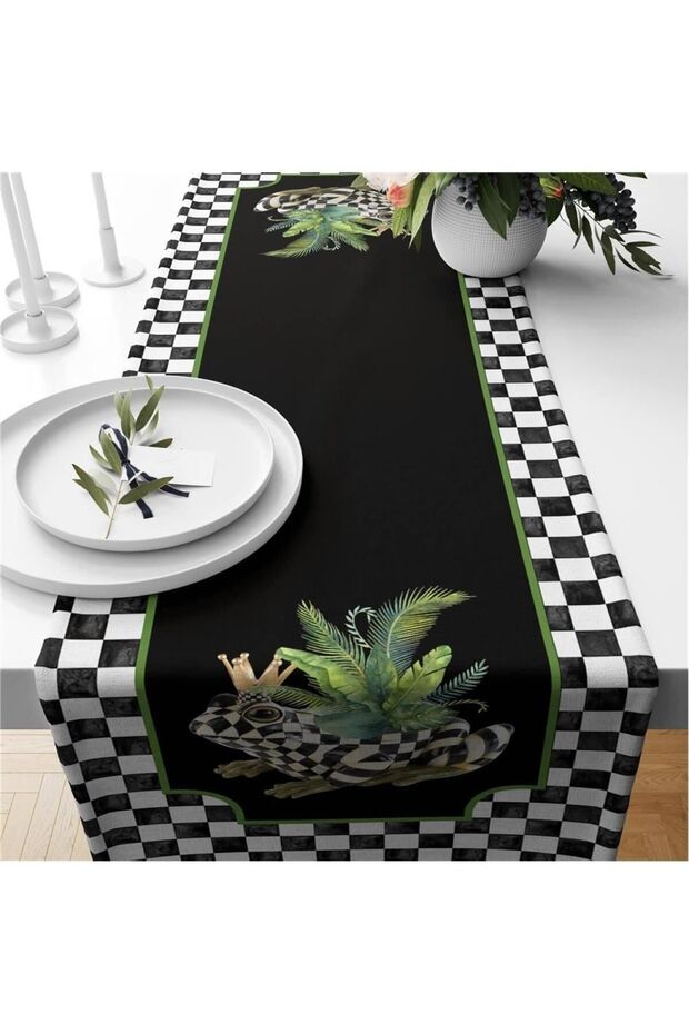 Black Gingham Frog Patterned Velvet Runner - 1