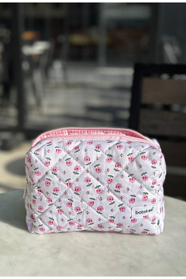 Tiny Pink Floral Patterned Makeup Bag - Large Size - 2