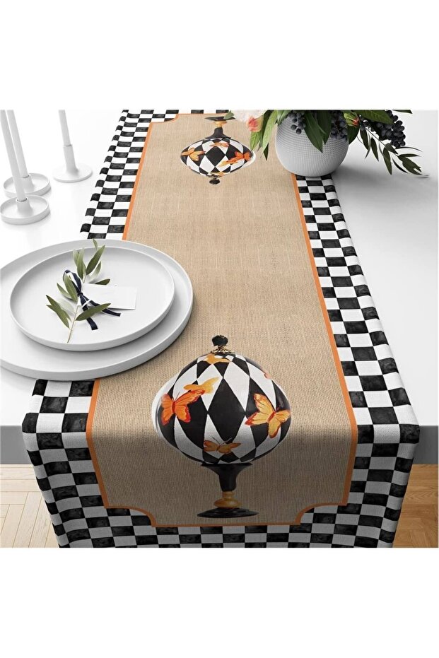 Black Gingham Patterned Velvet Runner - 1