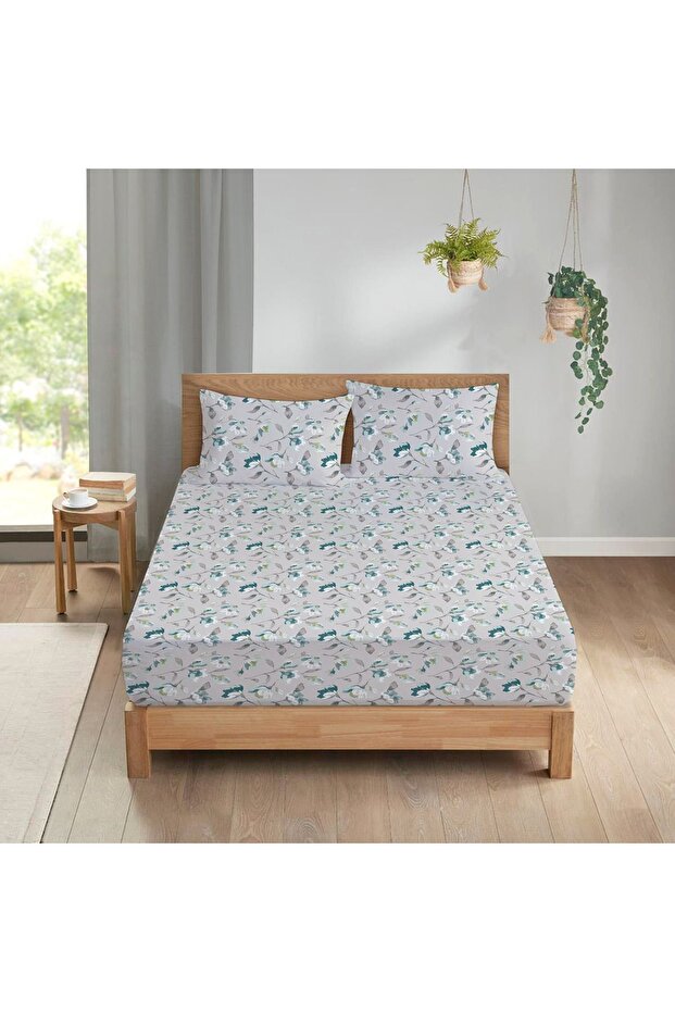 Leaf Pattern Printed Double Sheet Set 160x200 Cm - Blue - 1