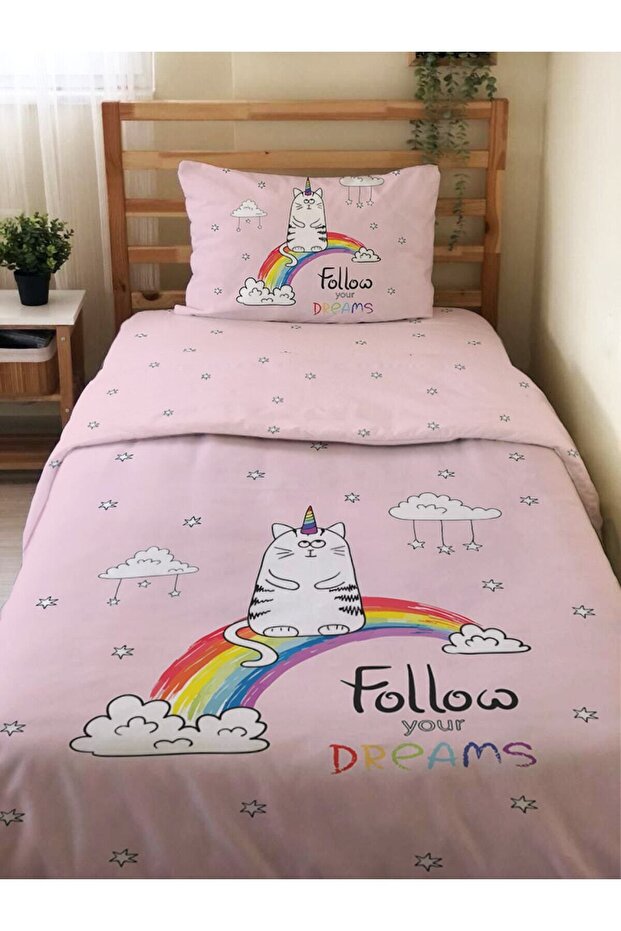 Pink Single Duvet Cover Set - Double Sided Rainbow and Cat Pattern Print - 1