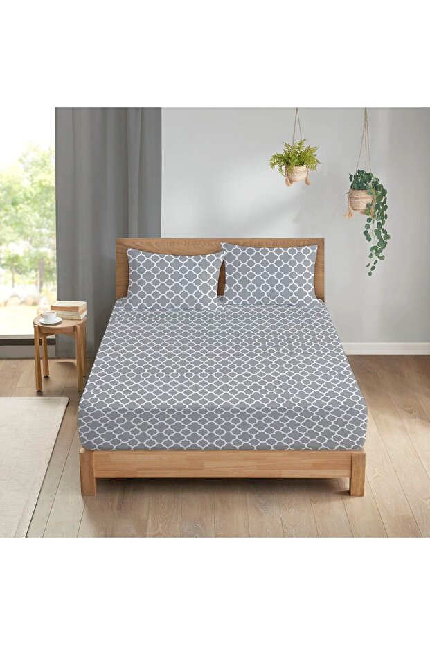 Geometric Pattern Printed Double Sheet Set 160x200 Cm - Gray