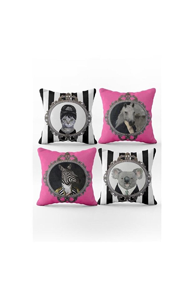 Double Face Printed Animal Painting Patterned 4-Piece Velvet Throw Pillow Cover Set