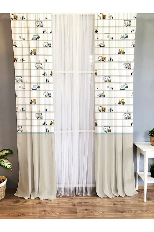 Children's Room Background Curtain with Business Machines and Road Patterns, Printed - Single Wing