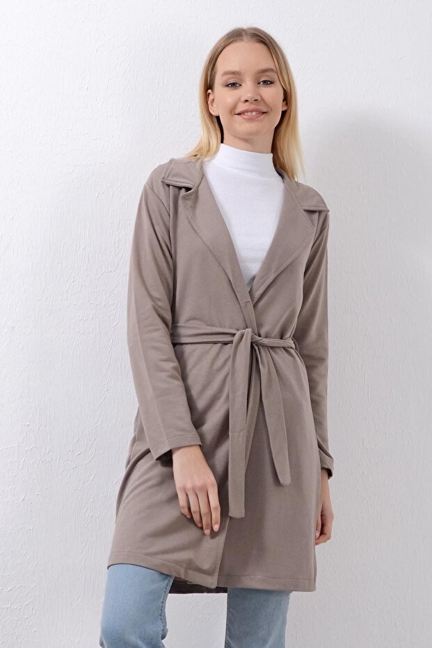 Women's Two Thread Knitted Buttonless Belted Mink Trench Coat Jacket Pmck25501