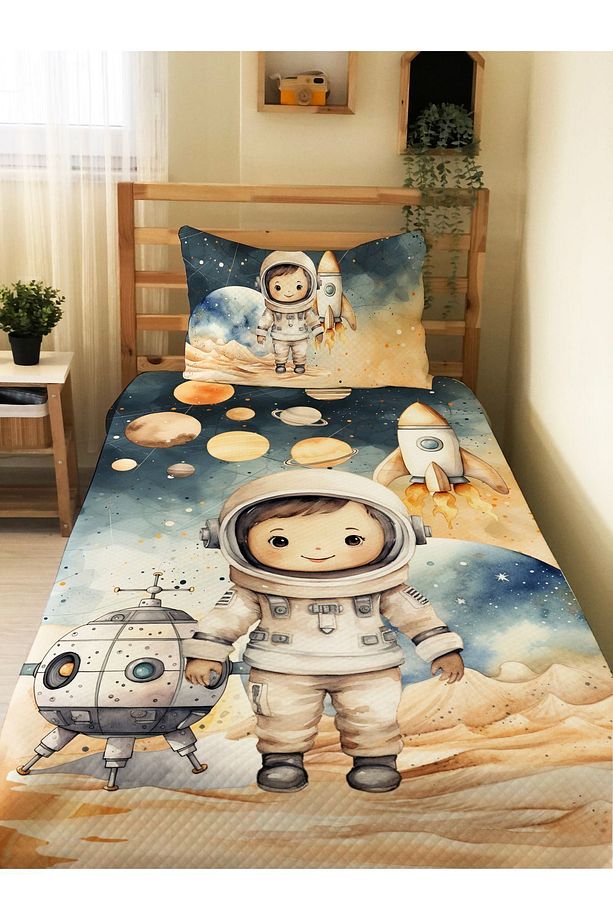 Astronot Desenli Tek Kişilik Pike Takımı 160x230 Cm - 1
