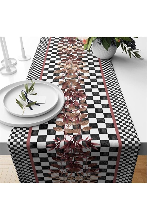 Black Gingham Patterned Velvet Runner - 1