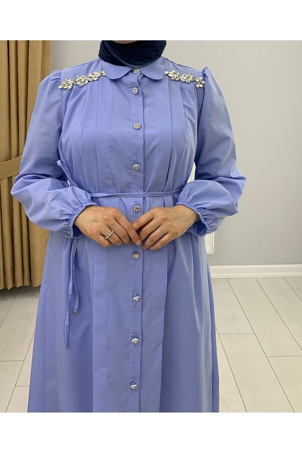 TUHARA BUTİK JULİA OMZU TAŞ DETAYLI NERVÜRLÜ ELBİSE - 3
