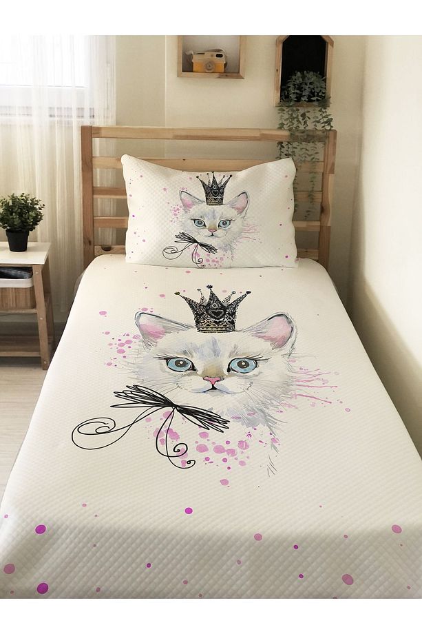 Kedi Desenli, Baskılı Tek Kişilik ve Çocuk Pike Takımı - 1