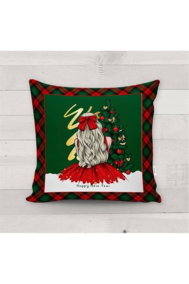 New Year's Special Girl Patterned Velvet Cushion Cover