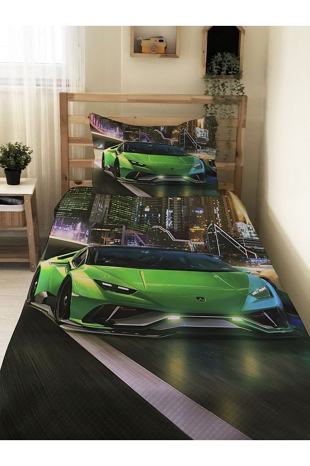Spor Araba Desenli Genç Ve Çocuk Baskılı Tek Kişilik Pike Takımı 160x230 Renkli - 1