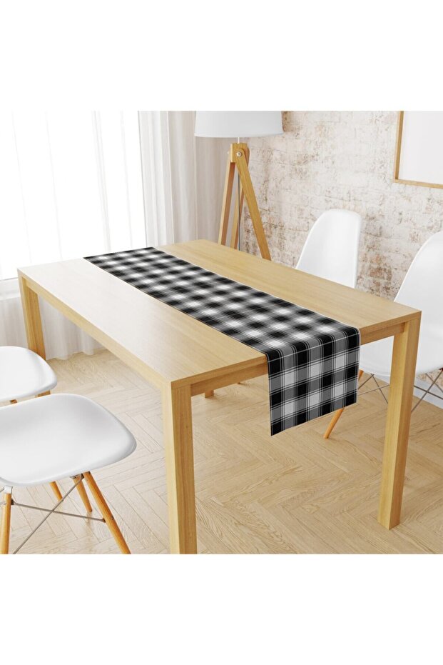 Evmila Velvet Fabric Black and White Plaid Runnur Model 1006