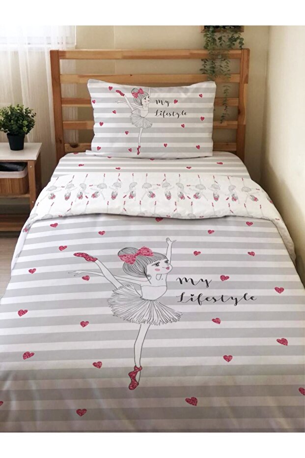 Double Sided Ballerina Girl Patterned - Printed Single Duvet Cover Set Gray