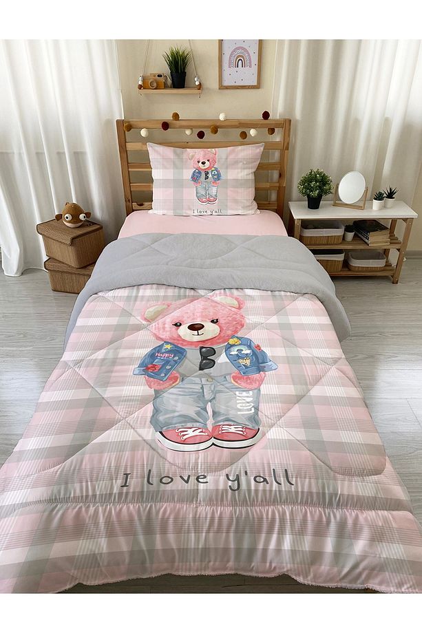 Pembe Teddy Desenli Tek Kişilik 160x220 Cm Wellsoft Çift Taraflı Silikon Yorgan Ve Uyku Seti - 1