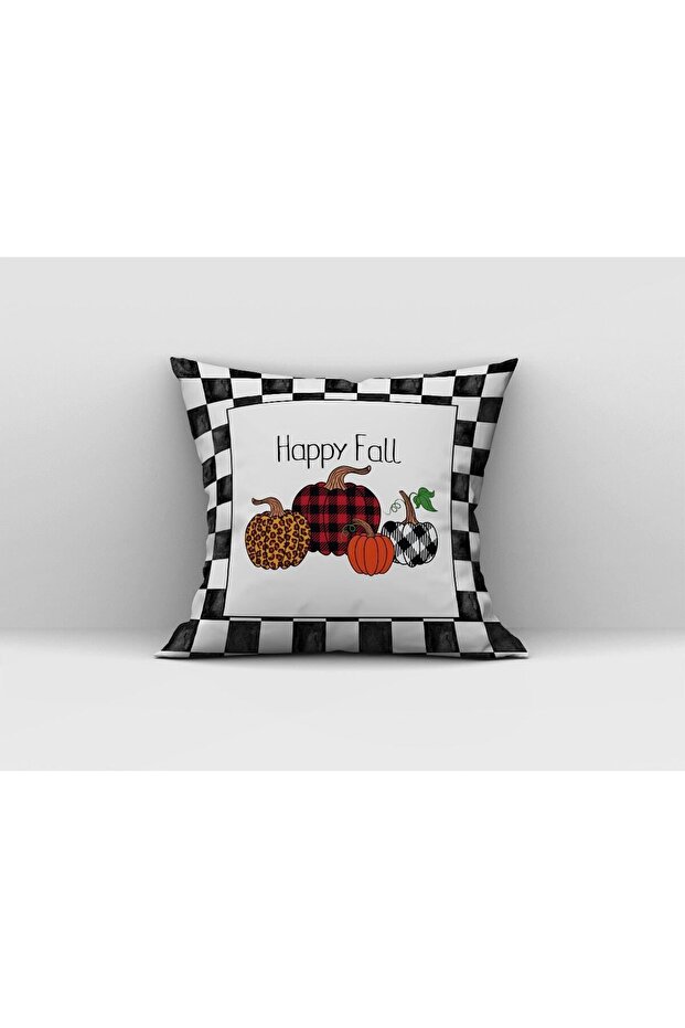 Pumpkin Patterned Happy Fall Written Throw Pillow Cover