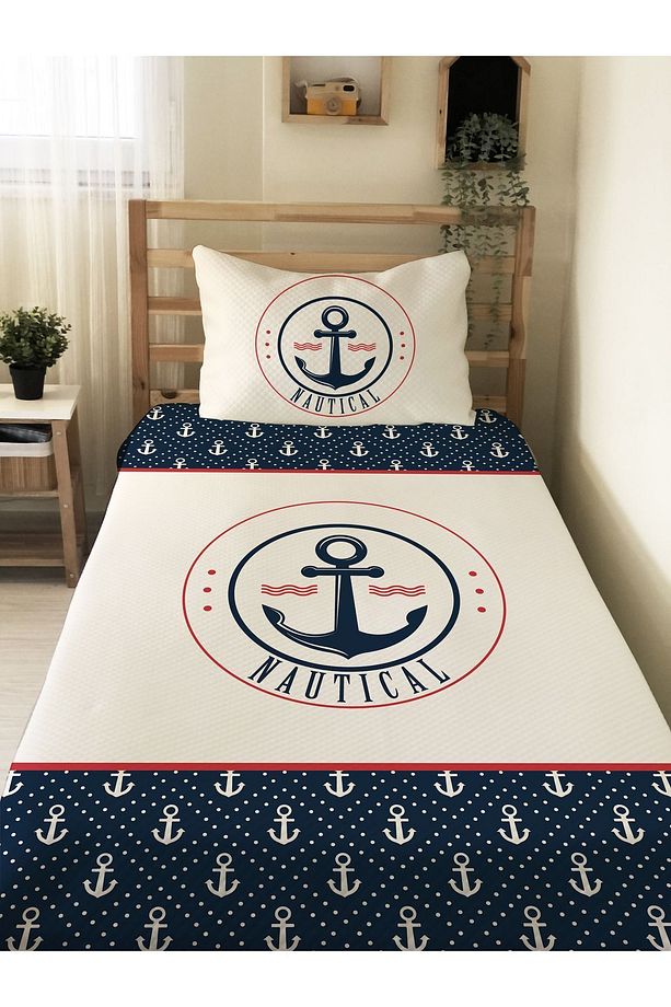 Çapa Desenli Genç Ve Çocuk Baskılı Tek Kişilik Pike Takımı 160x230 Renkli - 1