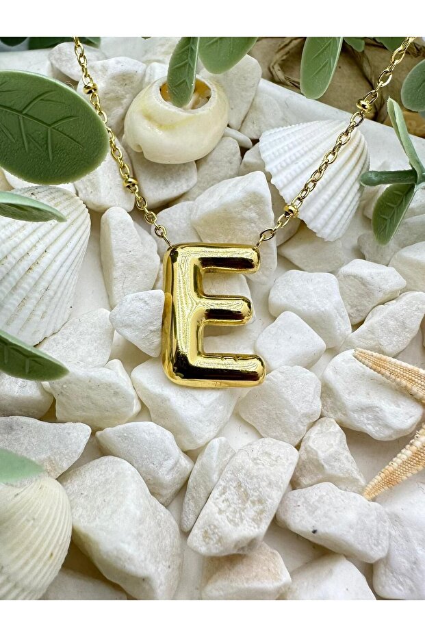 Three Dimensional Balloon E Letter Gold Steel Necklace