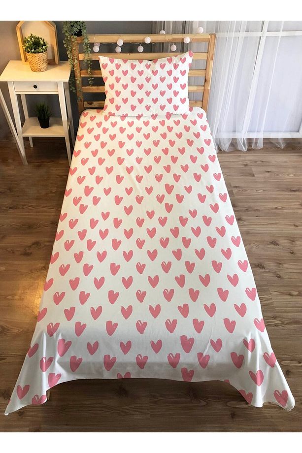 Pembe Kalp Desenli Tek Kişilik Kadife Yatak Örtüsü -beyaz - 1