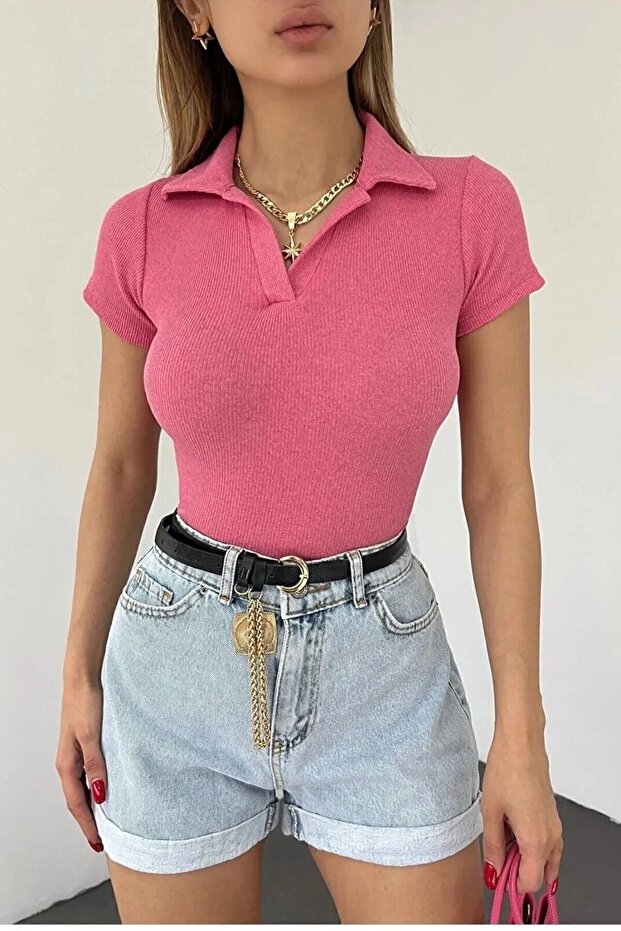 Fitted Pink Polo Neck Short Sleeve Camisole Crop Blouse