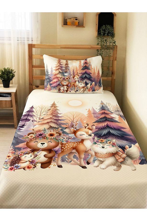 Sevimli Hayvanlar Desenli Tek Kişilik Pike Takımı 160x230 Cm - 1