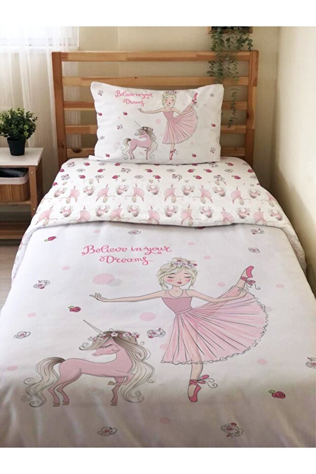 Double Sided Ballerina and Unicorn Patterned - Printed Single Duvet Cover Set White - 1