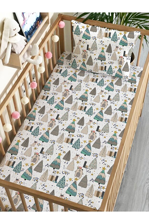 New Year's Theme Tree Pattern Printed Baby Size Elastic Sheet Set