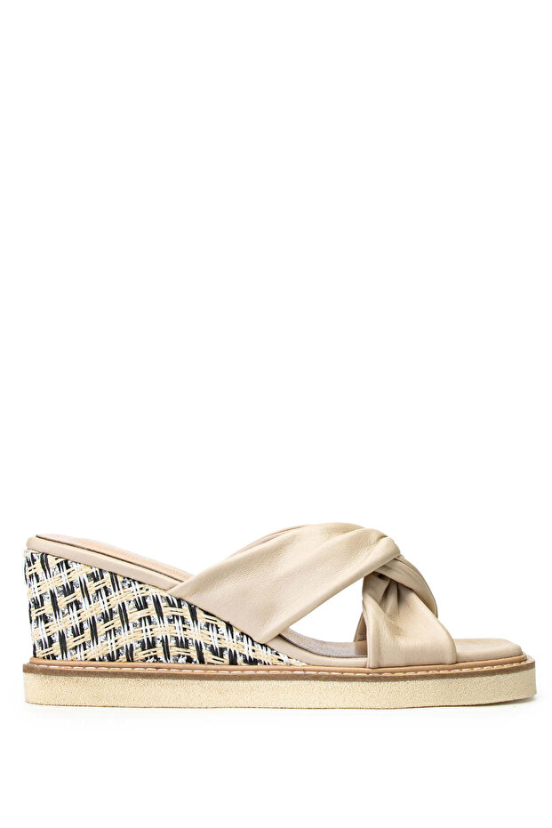 Women's Genuine Leather Beige Heeled Slippers