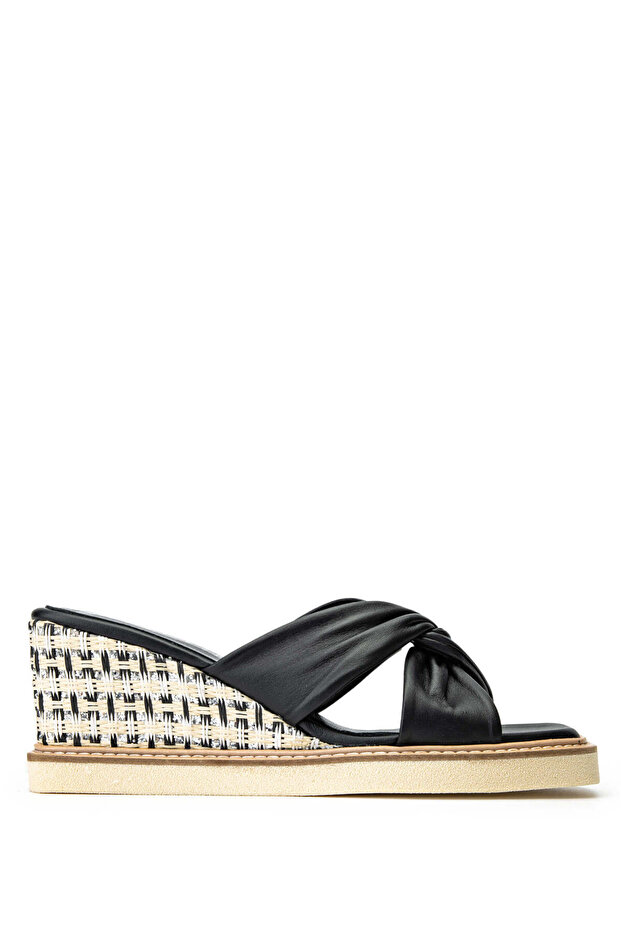 Women's Genuine Leather Black Leather Heeled Slippers