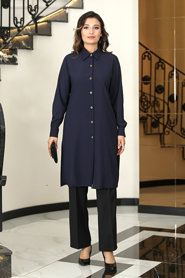 تونيك طويل بأزرار وشق مقاس كبير - 2