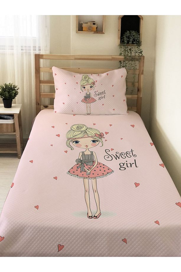 Prenses Kız Desenli, Baskılı Tek Kişilik ve Çocuk Pike Takımı - 1