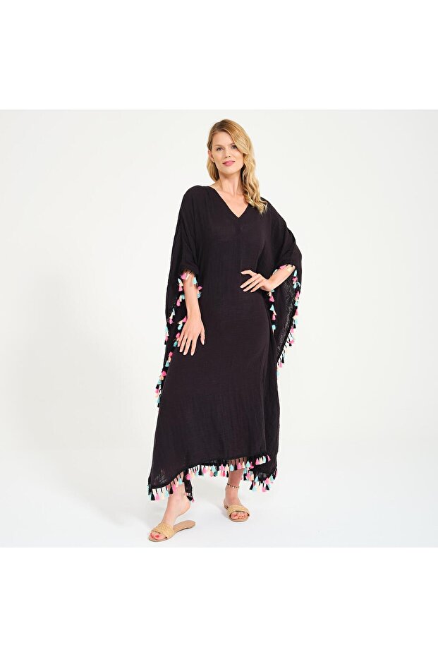 Tassel Detailed V-Neck Long Beach Dress