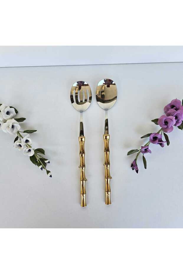 2 PARÇA SALATA SERVİS SETİ BAMBU MODEL GOLD - 1