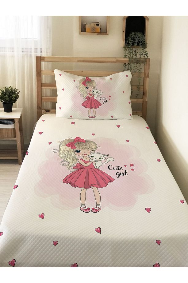 Kız ve Kedi Desenli, Baskılı Tek Kişilik ve Çocuk Pike Takımı - 1