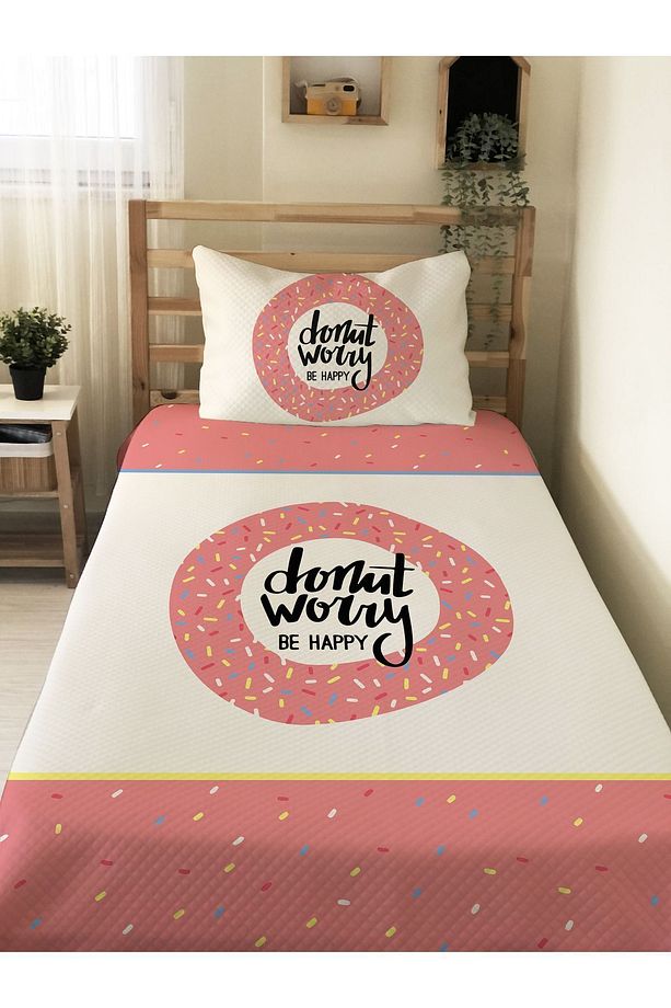 Donut Desenli Genç Ve Çocuk Baskılı Tek Kişilik Pike Takımı 160x230 Pembe - 1
