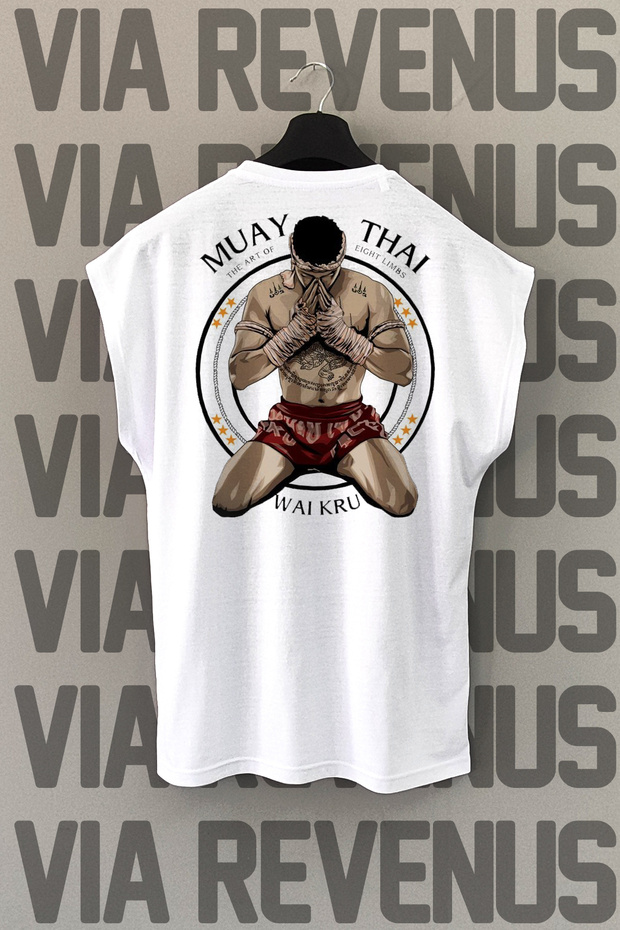 Muay Thai Back Printed Zero Sleeve White Sports Tshirt
