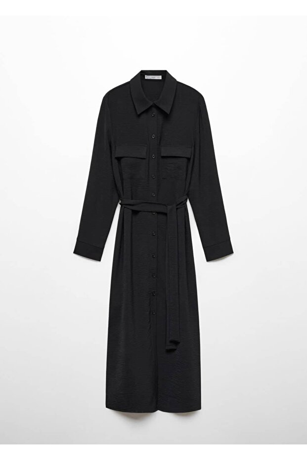 Kuşaklı gömlek elbise - 3