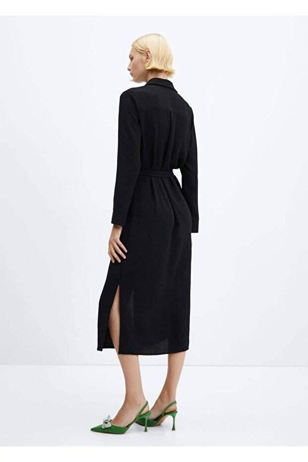 Kuşaklı gömlek elbise - 4