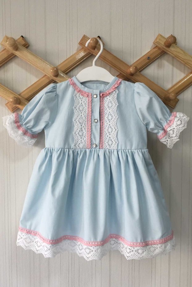Lace Detailed Short Sleeve Baby Blue Cotton Girl's Baby Dress