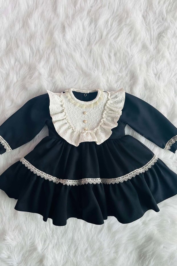 Lace Detailed Special Design Black Evening Dress for Girls Baby Crepe Dress