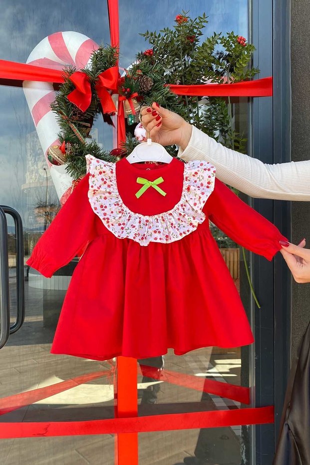 Cute Girl's Baby Eid Birthday Red Dress with Floral Ruffles and Ribbon Detail