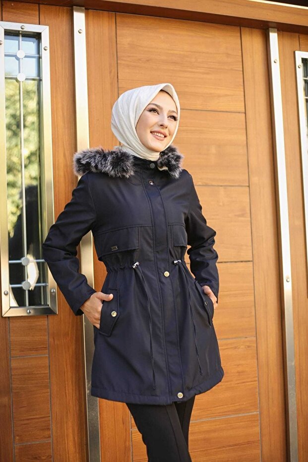 Navy Blue Fur Lined and Waterproof Women's Winter Coat