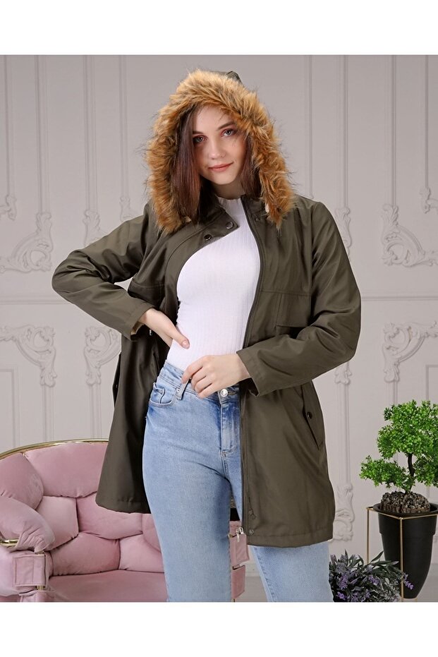 Khaki Fur Lined and Waterproof Women's Winter Coat & Coat