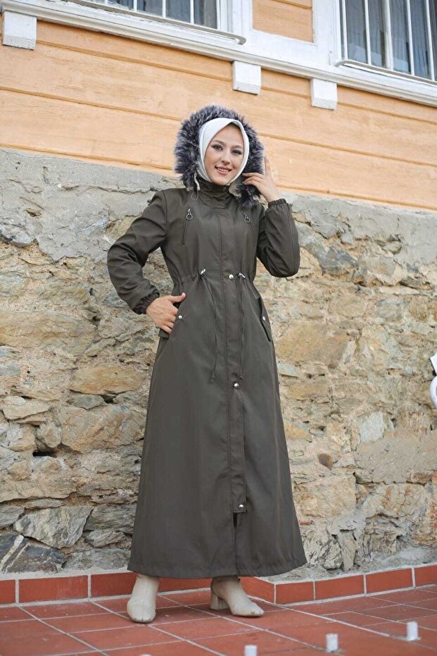 Khaki Fur Lined and Waterproof Full Length Women's Winter Coat & Coat