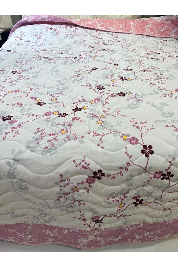 Pamuklu Tek Kişilik Çift Taraflı Çiçek Dalı Desenli Kapitone Çok Amaçlı Örtü 160x230 Cm. - 6