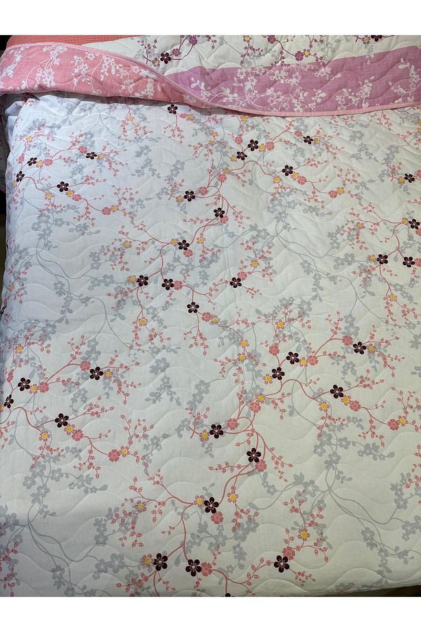 Pamuklu Tek Kişilik Çift Taraflı Çiçek Dalı Desenli Kapitone Çok Amaçlı Örtü 160x230 Cm. - 3