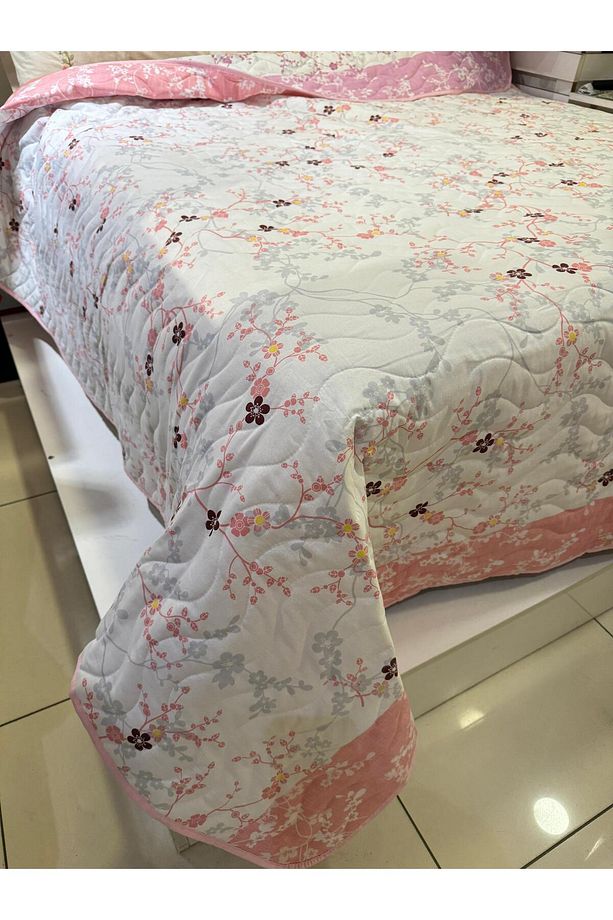 Pamuklu Tek Kişilik Çift Taraflı Çiçek Dalı Desenli Kapitone Çok Amaçlı Örtü 160x230 Cm. - 1