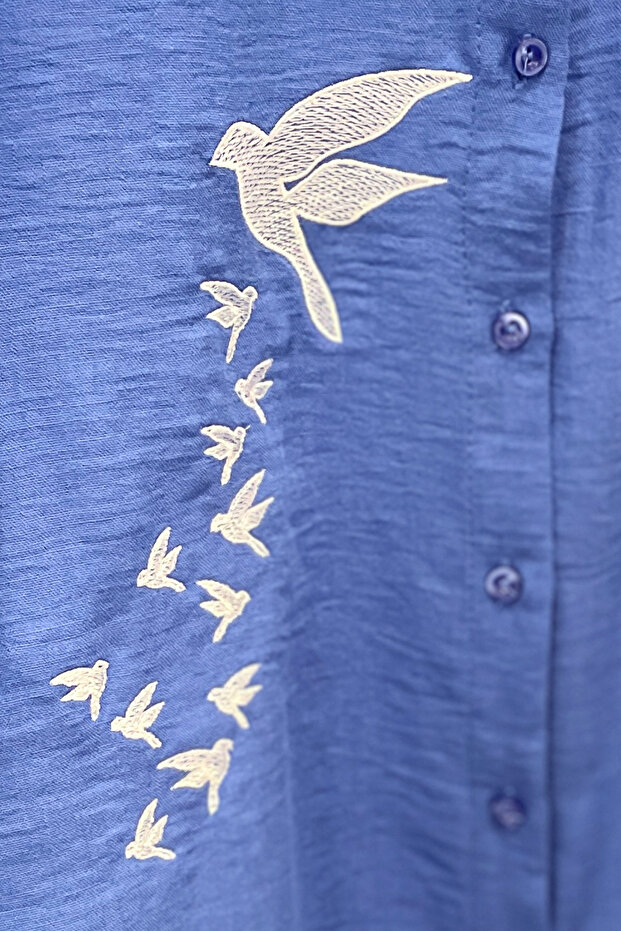 Nakış İşlemeli - Oversize - Keten Gömlek - 3