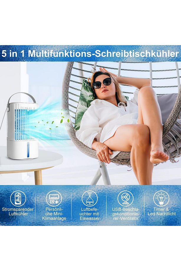 Mobil Klima,5'i 1 Arada Taşınabilir Klima, USB Mini Hava Soğutucu, Renkli Gece Lambası, 90° Salınım - 3